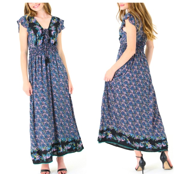 Blue Floral Smocked Boho Tassel Maxi Dress - Picture 3 of 3